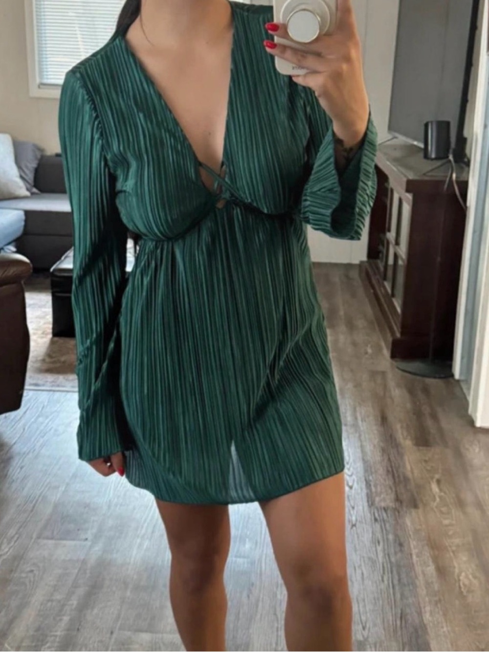 Amazon Green V-Neck Pleated Mini Dress